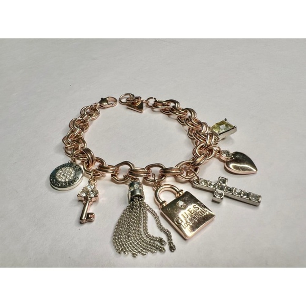 Guess Y2K Rose‎ Gold Tone Charm Bracelet Lock Heart Cross Key Tassel Rhinestone - Picture 2 of 7